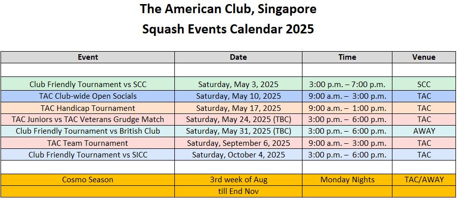 Squash Events Calendar 2025